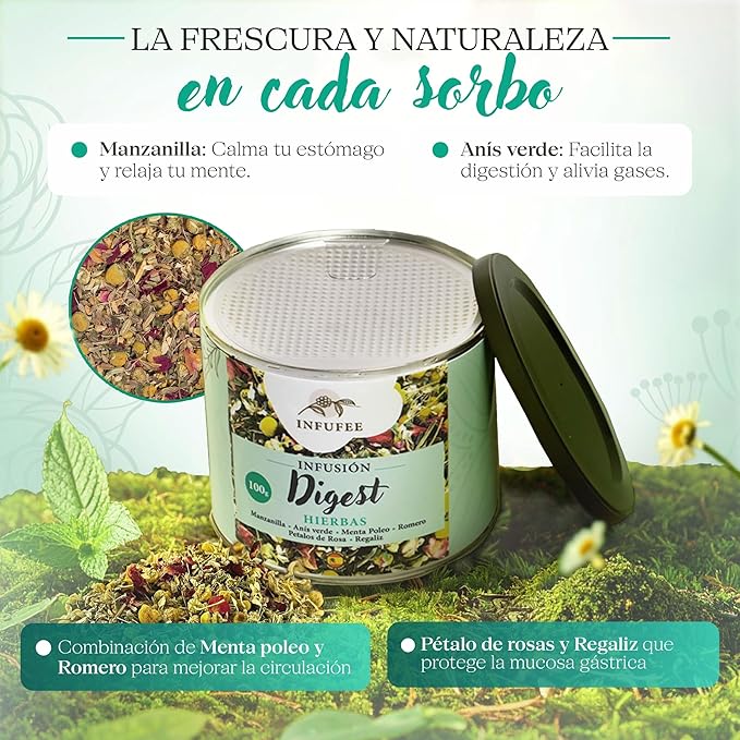 Infusión Digestiva de Manzanilla, Anís Verde, Menta Poleo, Romero, Pétalos de Rosa y Regaliz