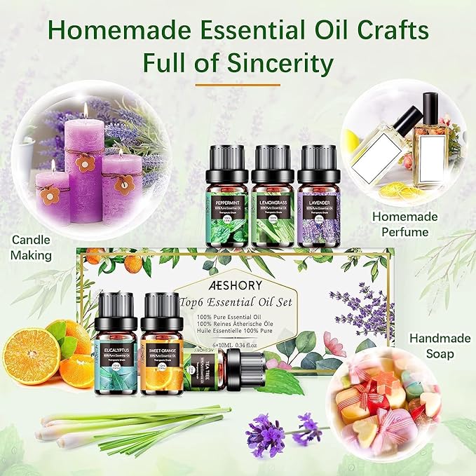 Set de Aceites Esenciales Naturales AESHORY – 6 Fragancias para Conectar con tu Interior