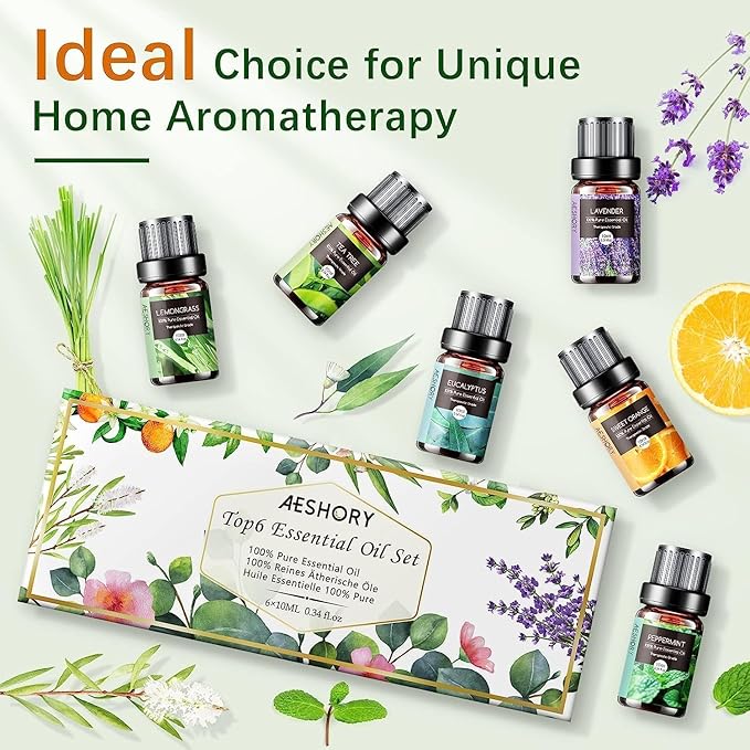 Set de Aceites Esenciales Naturales AESHORY – 6 Fragancias para Conectar con tu Interior